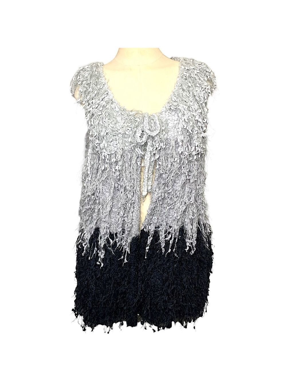 Patchington Gray Blue Knit Sweater Vest Sz L/XL Fringes Artsy Boho Open Cardigan